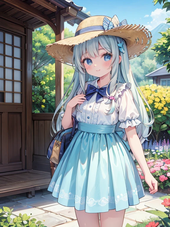masterpiece, highest quality, Very detailed, 16k, Ultra-high resolution, Cowboy Shot, Detailed face, Perfect Fingers, 14-year-old girl, smile, Western-style building, garden, sagiri_izumi
