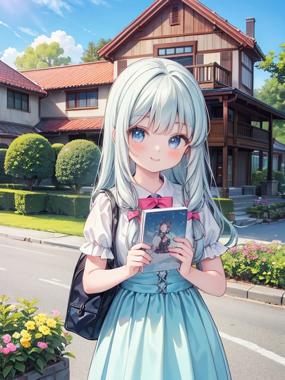 masterpiece, highest quality, Very detailed, 16k, Ultra-high resolution, Cowboy Shot, Detailed face, Perfect Fingers, 14-year-old girl, smile, Western-style building, garden, sagiri_izumi
