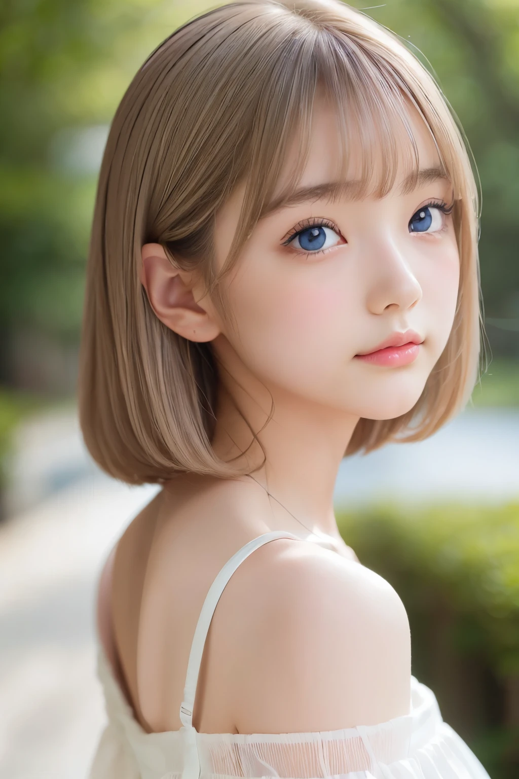 ((sfw: 1.4)), (( detailed face, cute face, detailed face,  professional photography)), ((from side)), (( off-the-shoulder top)), (( Shiny platinum blonde silk hair, beautiful shiny bangs, big clear sky blue eyes, very beautiful bright eye highlights, 1 Girl)), Ultra High Resolution, (Realistic: 1.4), RAW Photo, Best Quality, (Photorealistic Stick), Focus, Soft Light, (()), (( (young face))), (surface), (depth of field), masterpiece, (realistic), woman, bangs, ((1 girl))