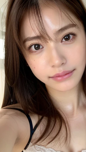 nswf, (selfie shot:2), (from face to face:1.5),((flat chest:1.3)), bust size C cup, (Close Up:1.5),(from above:1.3),(wearing Bra Top:1.3),Bra top:Black, Top quality, 1 beautiful Japanese woman, teen,(18 years old),long Hair, (orange hair:1.2), Ultra-realistic capture, Highly detailed, High resolution 16k close-up of human skin. Skin texture must be natural, With such detail that pores can be finely identified. Skin should look healthy, In a uniform tone. Use natural light and color,