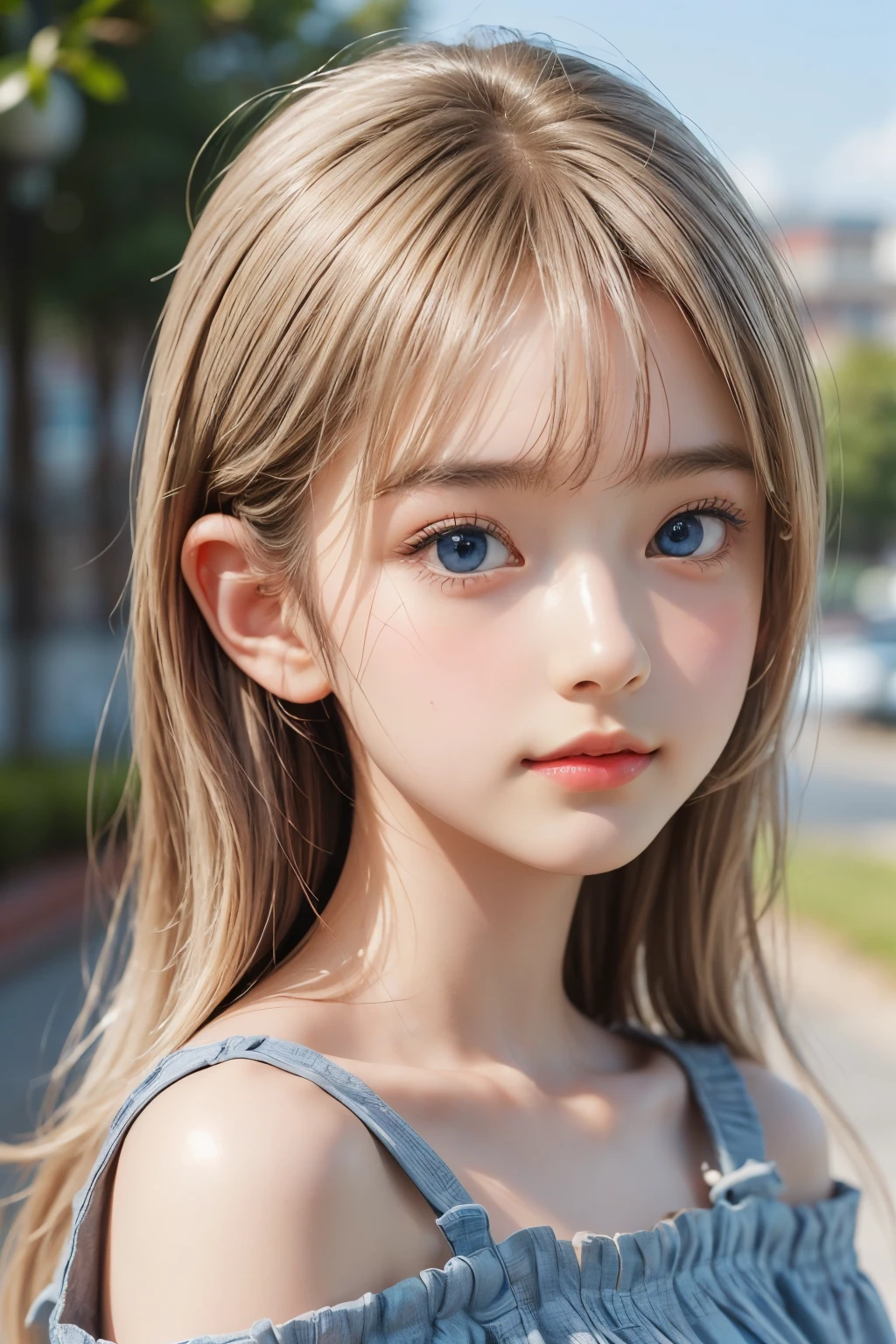 ((sfw: 1.4)), (( detailed face, cute face, detailed face,  professional photography)), ((from side)), (( off-the-shoulder top)), (( Shiny platinum blonde silk hair, beautiful shiny bangs, big clear sky blue eyes, very beautiful bright eye highlights, 1 Girl)), Ultra High Resolution, (Realistic: 1.4), RAW Photo, Best Quality, (Photorealistic Stick), Focus, Soft Light, (()), (( (young face))), (surface), (depth of field), masterpiece, (realistic), woman, bangs, ((1 girl))