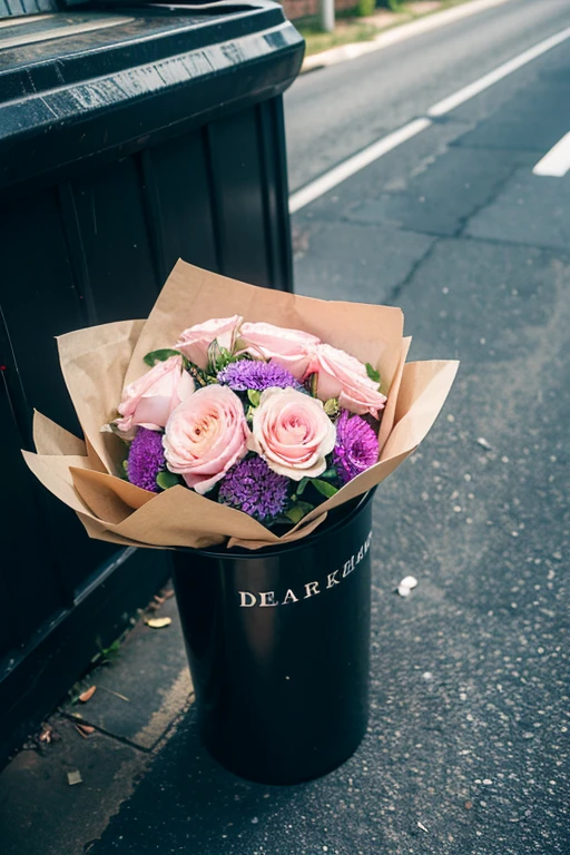 Next to an old trash can,A large bouquet of flowers was discarded,Dark Street,There are no pedestrians on the road,Realistic style,high quality,Top view close-up,Dim light
