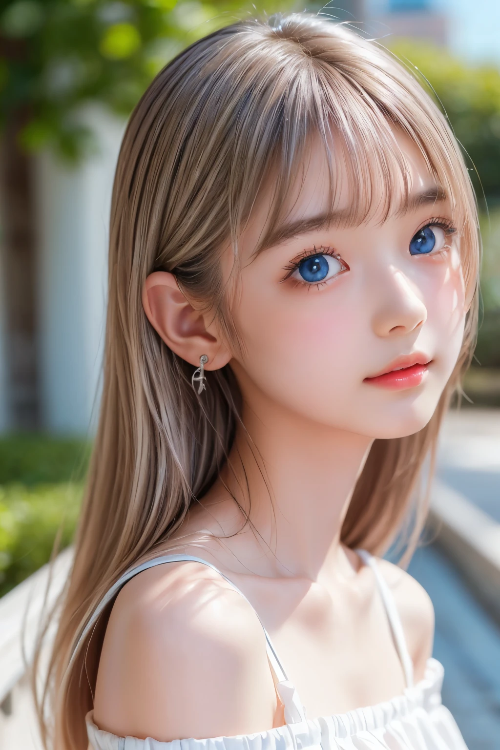 ((sfw: 1.4)), (( detailed face, cute face, detailed face, professional photography)), ((from side)), (( off-the-shoulder top)), (( Shiny platinum blonde silk hair, beautiful shiny bangs, big clear sky blue eyes, very beautiful bright eye highlights, earrings, 1 Girl)), Ultra High Resolution, (Realistic: 1.4), RAW Photo, Best Quality, (Photorealistic Stick), Focus, Soft Light, ((15 years old)), (( (young face))), (surface), (depth of field), masterpiece, (realistic), woman, bangs, ((1 girl))
