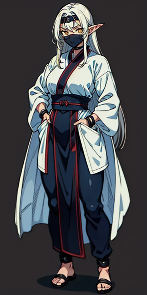 (Masterpiece, plain background:1.2) Female full body, standing straight symmetrical feet together, Pirotess dark elf, dark skin, long white hair, circlet, yellow eyes, 1990s (style), ninja Kunoichi, female 1sologirl, hands inside pockets, wristbands, shackles, handcuffed