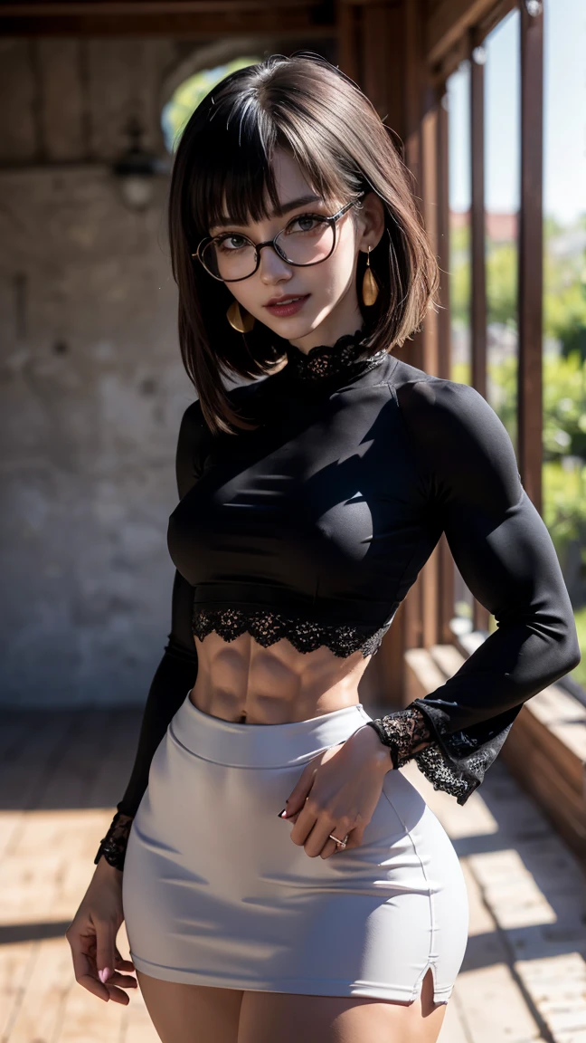 (Muscular:2), (thick muscular thighs:2.2), (asian female:1.5), (pale skin, straight black hair, blunt bangs:1.5), (bright blue eyes), adult, (glasses:1.5), earrings, (dark eyeshadow:1.5), (black lips:2), (upper body view:1.5), (hard nipples:1.1), small breasts, (perky breasts:1.4), (Boho-chic look with a lace-trimmed pencil skirt, a lightweight blouse with bell sleeves, midriff, all black:1.6), (sculped muscles:1.6), detailed eyes, (athletic body:1.5), (muscular body:2), (looking at viewer), (seductive smile:1.4), (dark castle), rim lighting, two tone lighting, dimly lit, clean skin, low key (DETAILED SKIN)