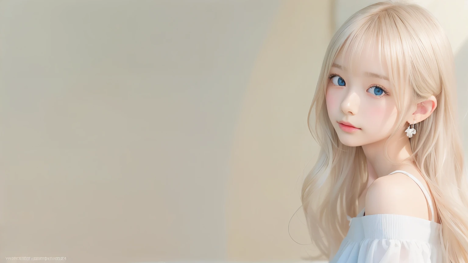 ((sfw: 1.4)), (( detailed face, cute face, detailed face,  professional photography)), ((from side)), (( off-the-shoulder top)), (( Shiny platinum blonde silk hair, beautiful shiny bangs, big clear sky blue eyes, very beautiful bright eye highlights, earrings, 1 Girl)), Ultra High Resolution, (Realistic: 1.4), RAW Photo, Best Quality, (Photorealistic Stick), Focus, Soft Light, (()), (( (young face))), (surface), (depth of field), masterpiece, (realistic), woman, bangs, ((1 girl))