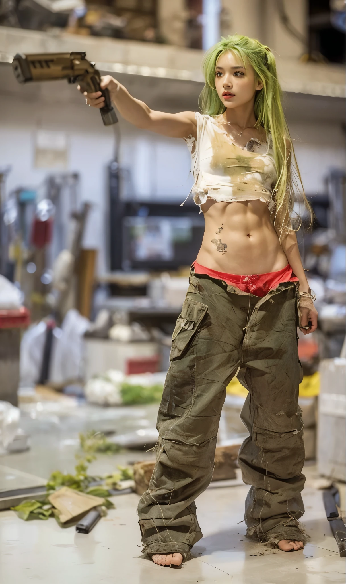 Beautiful woman、dirty skin、light green hair、、trained abdominal muscles、A girl with realistic skin texture stands in front of a concrete background。. Her dirty shirt adds a rough vibe to the whole image. She has a 入れ墨 on her arm, It adds a hint of edge to her look. The focus of the image is、There&#39;s a super detailed rendering of her skin, Accurately depicts every pore and wrinkle. A background that creates an industrial atmosphere, . Plays an important role in enhancing the realistic and photorealistic effect of images。. Colors are vivid and details are clear, Get the highest quality 8K images that look like masterpieces.Shopping mall、Holding a handgun in his right hand、