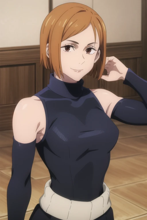 (masterpiece), (best quality), (ultra-detailed), (best illustration), (best shadow), (absurdres), short hair, orange hair, ((brown eyes)), kugisaki nobara, 1girl, solo, bangs, wearing black crotop, turtleneck, sleeveless, smile, long sleeves, looking at viewer, upper body, armpits, armpits visible,