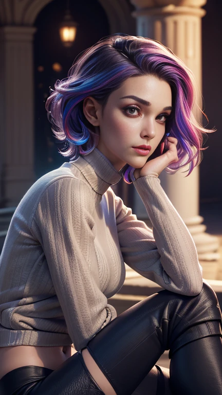 photo of celebrity, RAW, beautiful woman, ((portrait)), ((detailed face, colorful rainbow hair:1.2)), ((detailed facial feature, detailed skin, clear skin, parted lips), (perfect proportioned body, medium breasts, side boob), (wearing tight long sleeve shirt, knee high boots, leggings: 1.5)), (sitting in high detailed courtyard with palace background: 1.3), (side profile, realistic photo, best quality, detailed), (8k wallpaper), (cinematic lighting, dramatic lighting) (sharp focus, intricate)