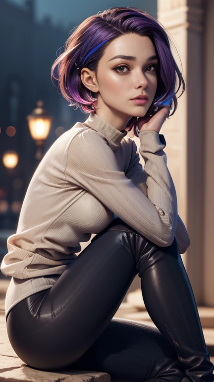 photo of celebrity, RAW, beautiful woman, ((portrait)), ((detailed face, colorful rainbow hair:1.2)), ((detailed facial feature, detailed skin, clear skin, parted lips), (perfect proportioned body, medium breasts, side boob), (wearing tight long sleeve shirt, knee high boots, leggings: 1.5)), (sitting in high detailed courtyard with palace background: 1.3), (side profile, realistic photo, best quality, detailed), (8k wallpaper), (cinematic lighting, dramatic lighting) (sharp focus, intricate)