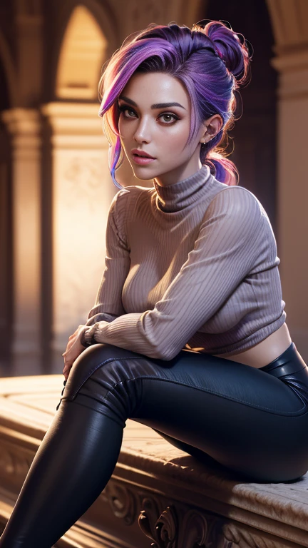 photo of celebrity, RAW, beautiful woman, ((portrait)), ((detailed face, colorful rainbow hair:1.2)), ((detailed facial feature, detailed skin, clear skin, parted lips), (perfect proportioned body, medium breasts, side boob), (wearing tight long sleeve shirt, knee high boots, leggings: 1.5)), (sitting in high detailed courtyard with palace background: 1.3), (side profile, realistic photo, best quality, detailed), (8k wallpaper), (cinematic lighting, dramatic lighting) (sharp focus, intricate)
