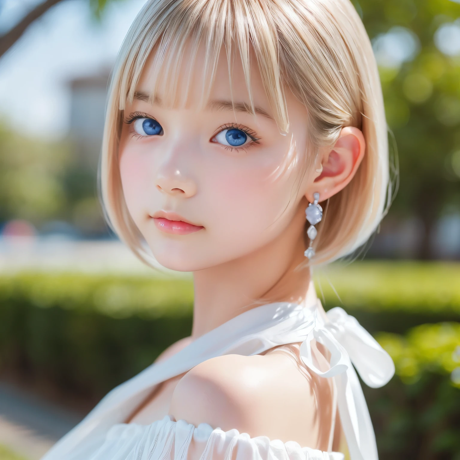 ((sfw: 1.4)), (( detailed face, cute face, detailed face,  professional photography)), ((from side)), (( off-the-shoulder top)), (( Shiny platinum blonde silk hair, beautiful shiny bangs, big clear sky blue eyes, very beautiful bright eye highlights, earrings, 1 Girl)), Ultra High Resolution, (Realistic: 1.4), RAW Photo, Best Quality, (Photorealistic Stick), Focus, Soft Light, (()), (( (young face))), (surface), (depth of field), masterpiece, (realistic), woman, bangs, ((1 girl))