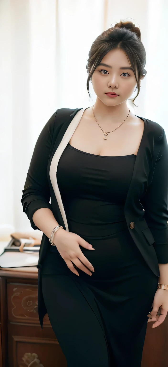 realisitic、Curvaceous woman in long hijab standing alone, Woman in black business suit with hijab, with a business suit on, businesswoman, Woman in business suit with hijab , Wearing a white collar shirt under a suit、thick skirt、tight skirts、Girl in a suit, female in tight office dress, , Girl in suit, young business woman, in a business suit, business outfit, Wear a suit、Office Suits、、professional photograpy、Does not expose the skin, Japanese Models,、,The skin is not exposed、fleshy body, large boob、 hard 、、big butts、Big belly、thick waist、Body without tone、thick thight、thick arms、Round face、Fat face、chubby cheeks、Sauce order、big eye、A dark-haired、short-haired、Standing facing the front、Left hand pose on the hip、Right hand is down in a pose、Straight back posture、Sun background、chinese-Indonesian woman , full body , bracelet , necklace , , short hairstyle , fat belly , thick hips , dark room , baby face , chubby cheeks , black room , wearing sneakers