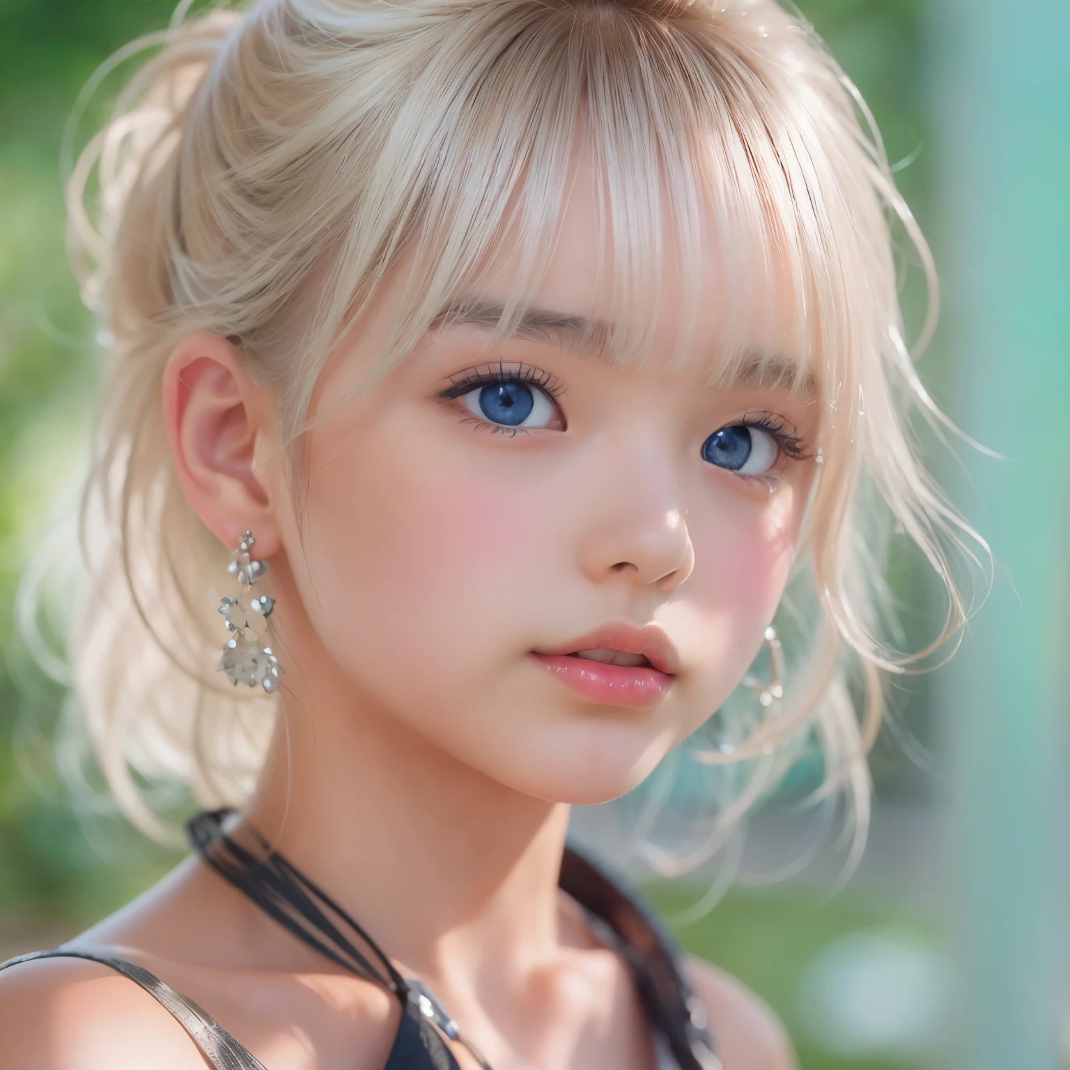 ((sfw: 1.4)), (( detailed face, cute face, detailed face,  professional photography)), ((from side)), (( off-the-shoulder top)), (( Shiny platinum blonde silk hair, beautiful shiny bangs, big clear sky blue eyes, very beautiful bright eye highlights, earrings, 1 Girl)), Ultra High Resolution, (Realistic: 1.4), RAW Photo, Best Quality, (Photorealistic Stick), Focus, Soft Light, ((15 years old)), (( (young face))), (surface), (depth of field), masterpiece, (realistic), woman, bangs, ((1 girl))