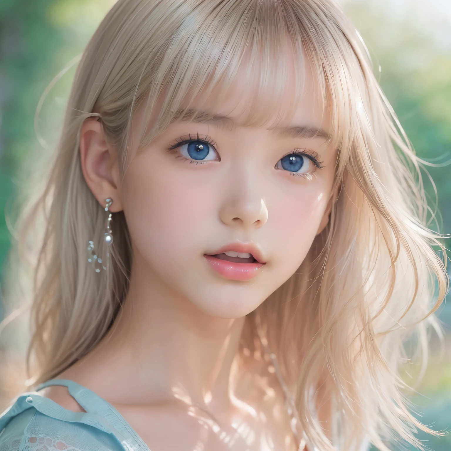 ((sfw: 1.4)), (( detailed face, cute face, detailed face,  professional photography)), ((from side)), (( off-the-shoulder top)), (( Shiny platinum blonde silk hair, beautiful shiny bangs, big clear sky blue eyes, very beautiful bright eye highlights, earrings, 1 Girl)), Ultra High Resolution, (Realistic: 1.4), RAW Photo, Best Quality, (Photorealistic Stick), Focus, Soft Light, ((15 years old)), (( (young face))), (surface), (depth of field), masterpiece, (realistic), woman, bangs, ((1 girl))