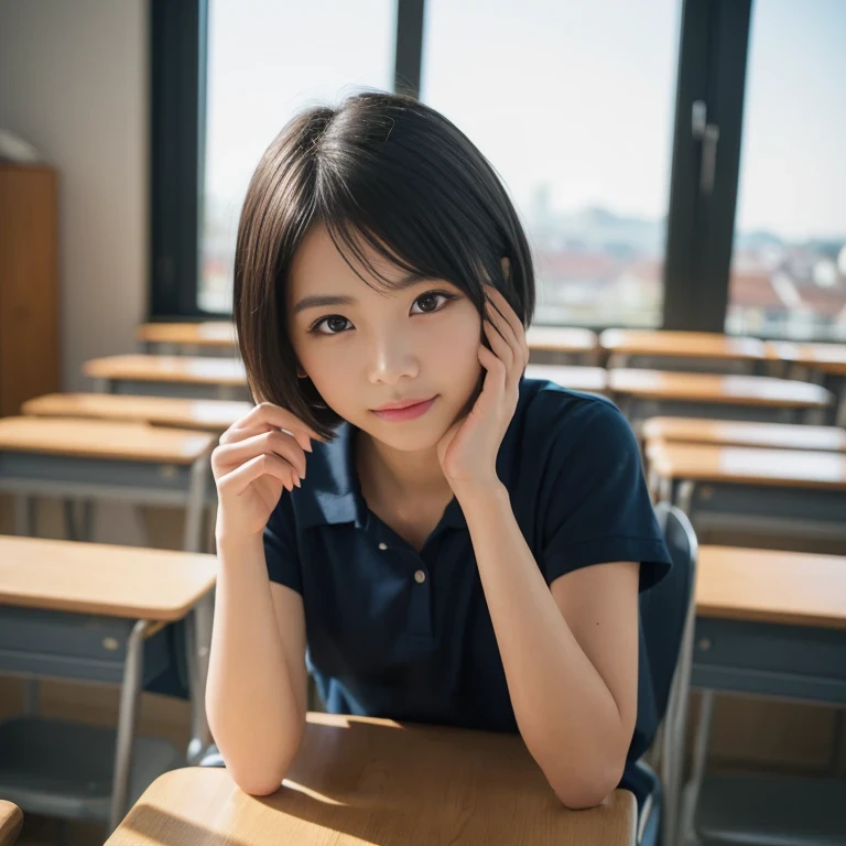 (happy expression:1.26)、RAW photo、(((Ultimate beauty half body photo shoot)))、((glowing skin))、1 girl、30 year old beautiful girl in Prague、10th generation、primary school student、young、Young Face、bright look、detailed face、bewitching、((black haired、short cut hair:1.2))、(Sitting on a chair with elbows on a school desk and legs wide)、((standing on tiptoe))、counter point shot、((super detailed))、(Perfectly detailed face)、(detailed hands)、(finger details)、(excellent human structure)、photorealistic imageasterpiece、最high quality、super detailed、film light、intricate details、High resolution、very detailed))、detailed background、8KUHD、Digital single-lens reflex camera、soft light、high quality、film grain、Fujifilm XT3 、shallow depth of field、natural soft light、Kamimei、classroom、View from slightly below