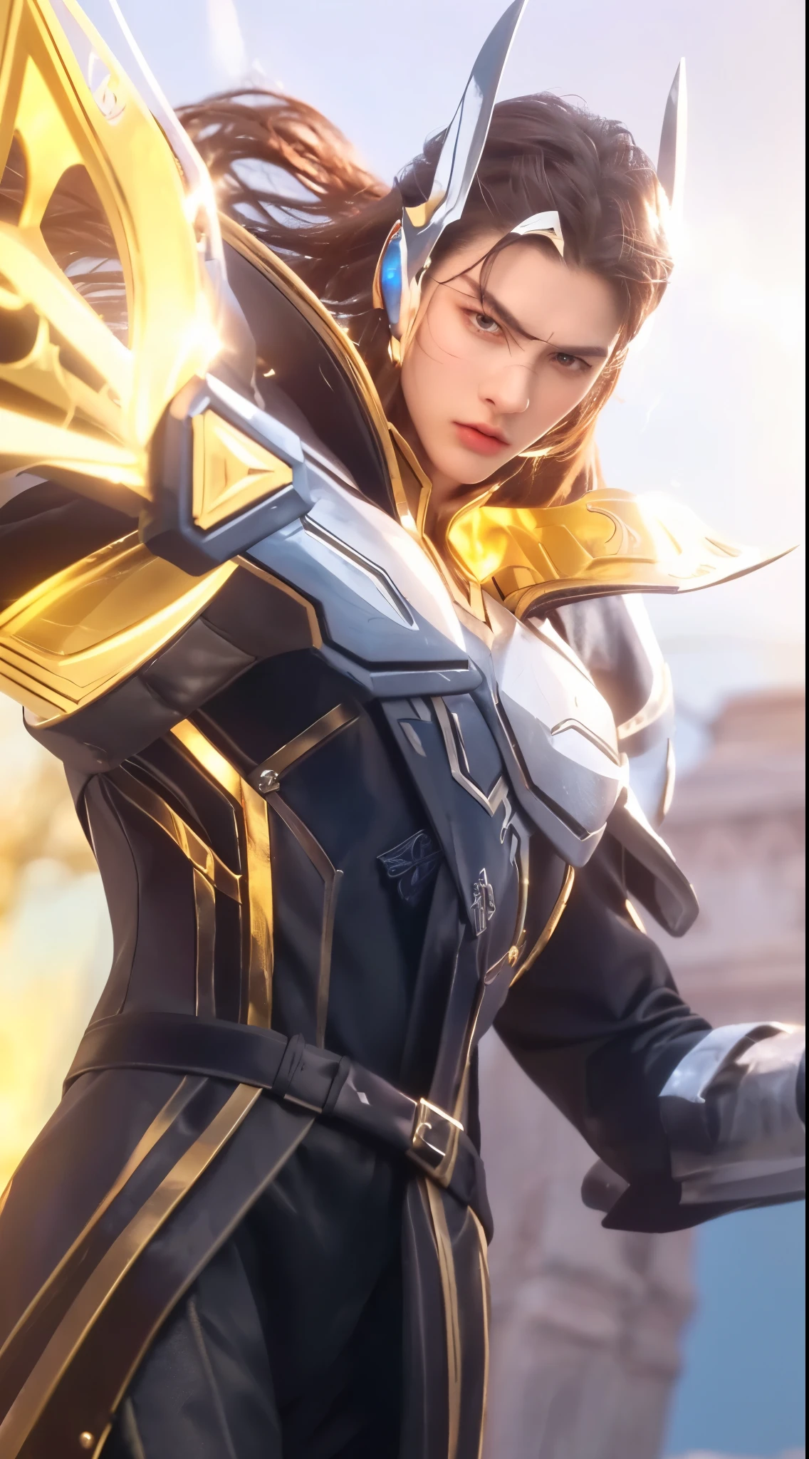 a handsome man in a bespoke suit holding a sword, long hair, detailed facial features, chiseled jawline, piercing eyes, dramatic lighting, cinematic angle, realistic, photorealistic, masterpiece, 8k, ultra-detailed, vivid colors, dramatic lighting