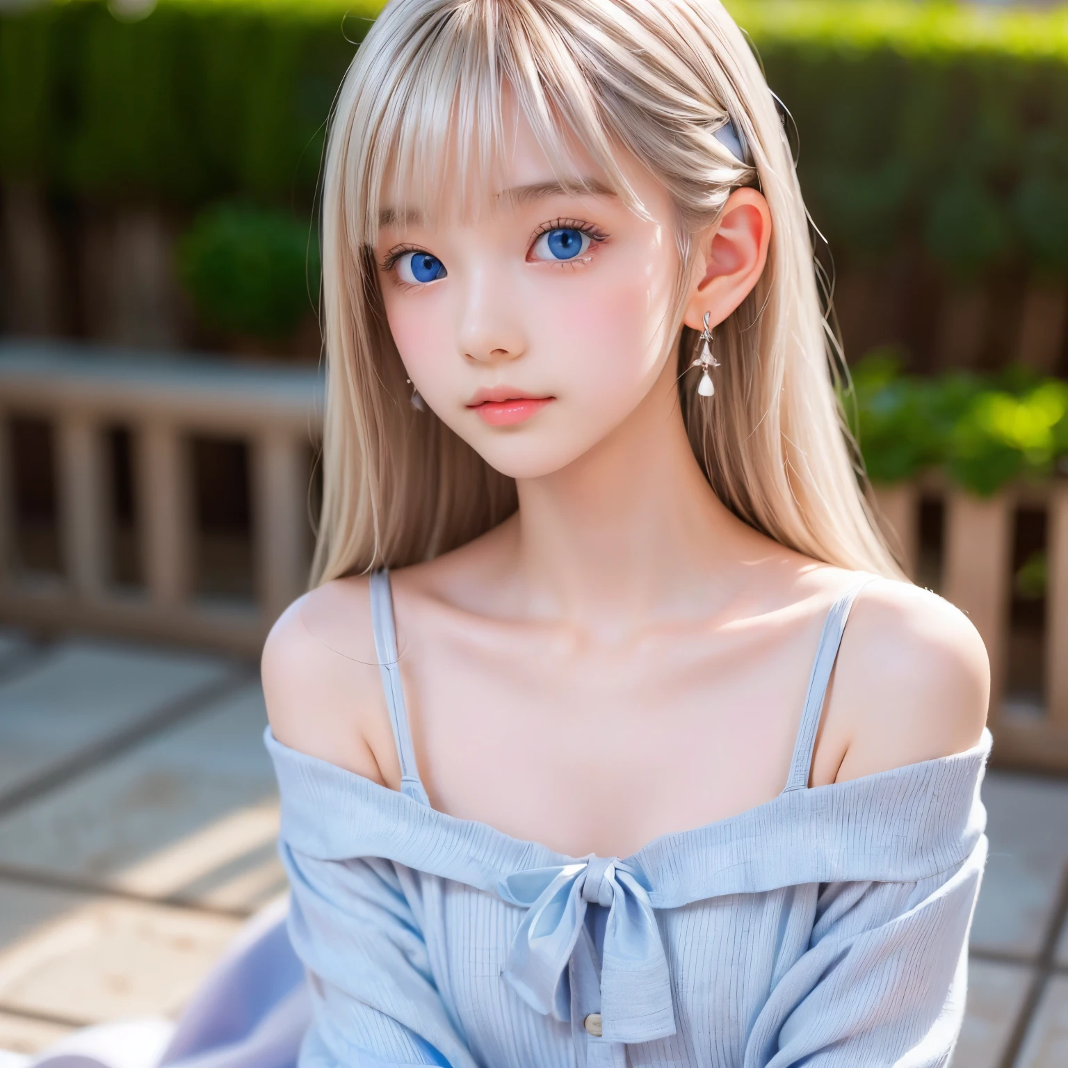 ((sfw: 1.4)), (( detailed face, cute face, detailed face,  professional photography)), ((from side)), (( off-the-shoulder top)), (( Shiny platinum blonde silk hair, beautiful shiny bangs, big clear sky blue eyes, very beautiful bright eye highlights, earrings, 1 Girl)), Ultra High Resolution, (Realistic: 1.4), RAW Photo, Best Quality, (Photorealistic Stick), Focus, Soft Light, (()), (( (young face))), (surface), (depth of field), masterpiece, (realistic), woman, bangs, ((1 girl))