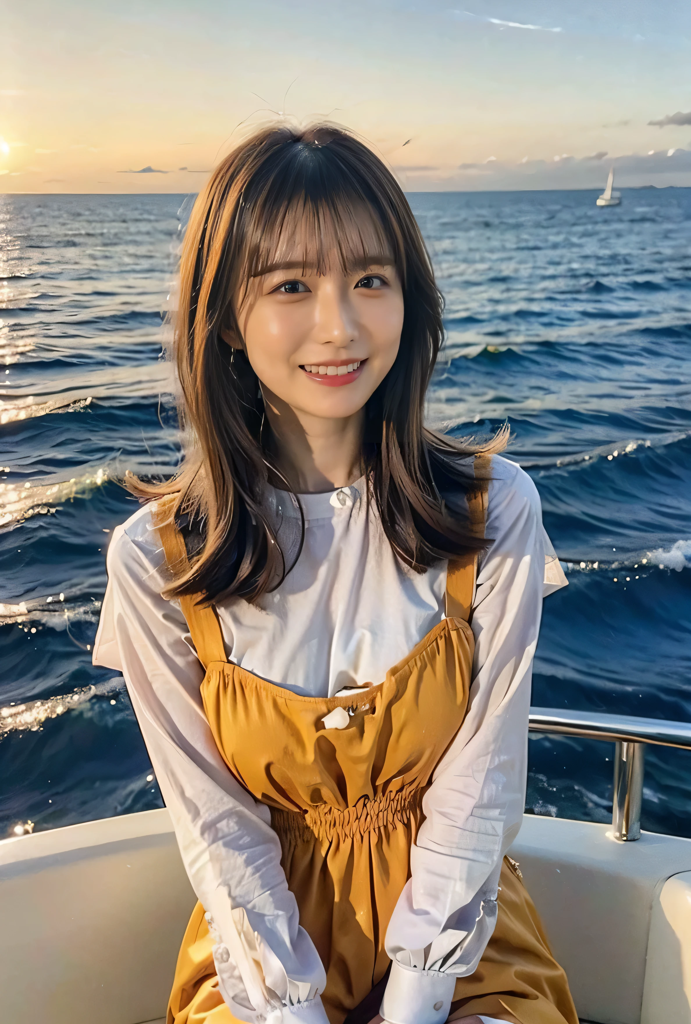 Side Ponytail、Light brown hair、Light brown hair、The sky was dyed red、There are clouds、A woman in a cute outfit is sitting on a boat and watching the sunset、Her huge breasts are obvious even through her clothes.、The shining sun is so beautiful、Dusk is coming、Lens flare、I can see the sun setting、（（Sunlight reflecting off the ocean、Ocean View、The sun shines on the sea、&#39;beautiful.、Small earrings、It&#39;evening、Birds are also flying、、Brown Hair Color、Tie your hair、The woman is on the right:1.4））、Luxury Leather Belts、Shiny clothes、Light beige hair color、Background Blur、Braid only the front hair、Light brown hair、｛｛Cowgirl Shot｝｝、（（Close-up shot from the waist up、Big Breasts:1.4））、Big Breasts、Smile、Silk clothing、Big Breasts that can be seen even through clothes、Braid only the front hair、Cowboy Shot、Gorgeous white collared silk shirt and brown skirt、Dress elegantly、Luxury Bags、A lovely smile、（（airplane in the background、I&#39;Coming to the airport））、Full body photo、ring、Short skirt、Tuck your hair behind one ear、Silver Necklace、smile、 Elegant ponytail、Caustics、Highly detailed photos、Very beautiful and ideal short hair、Big Breasts、Super no makeup、(8k、RAW Photos、highest quality、masterpiece:1.2)、(Realistic、Realistic)、1 girl、((Big Breastsショートヘア、Looking into the camera:1.4))、Hair blowing in the wind
