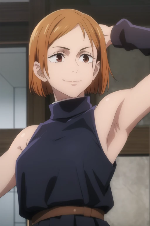 (masterpiece), (best quality), (ultra-detailed), (best illustration), (best shadow), (absurdres), short hair, orange hair, ((brown eyes)), kugisaki nobara, 1girl, solo, bangs, wearing black crotop, turtleneck, sleeveless, smile, long sleeves, looking at viewer, upper body, armpits, armpits visible,