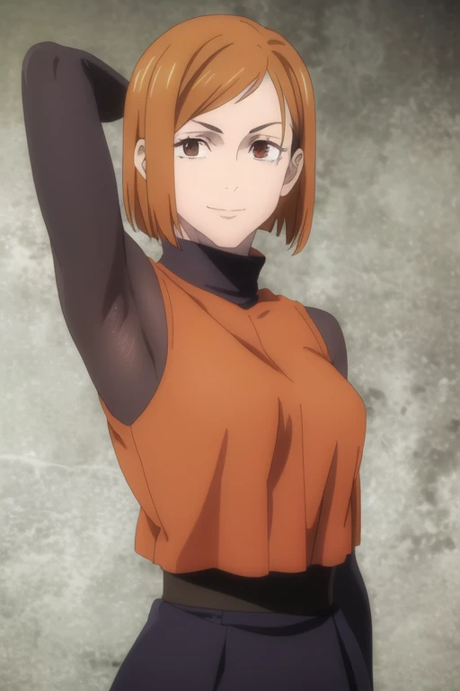 (masterpiece), (best quality), (ultra-detailed), (best illustration), (best shadow), (absurdres), short hair, orange hair, ((brown eyes)), kugisaki nobara, 1girl, solo, bangs, wearing black crotop, turtleneck, sleeveless, smile, long sleeves, looking at viewer, upper body, armpits, armpits visible,