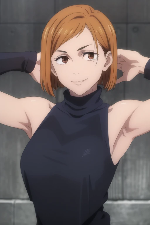 (masterpiece), (best quality), (ultra-detailed), (best illustration), (best shadow), (absurdres), short hair, orange hair, ((brown eyes)), kugisaki nobara, 1girl, solo, bangs, wearing black crotop, turtleneck, sleeveless, smile, long sleeves, looking at viewer, upper body, armpits, armpits visible,