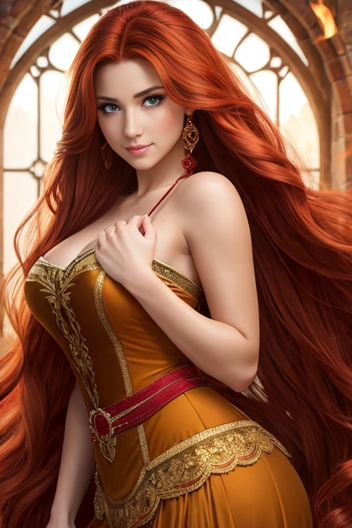 A sensual Rapunzel, her hair transformed into a fiery red mane, luring in her admirers with her alluring gaze and bewitching beauty.