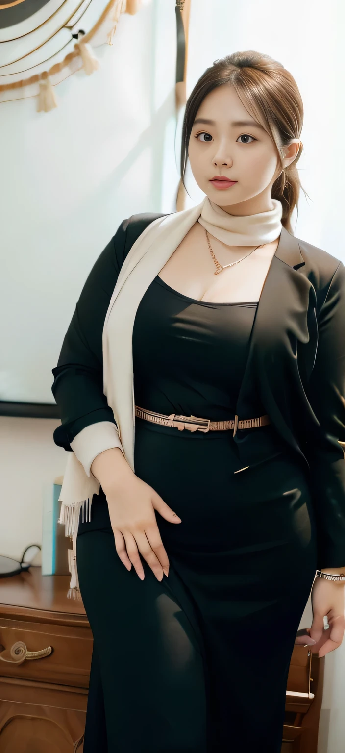 realisitic、Curvaceous woman in long hijab standing alone, Woman in black business suit with hijab, with a business suit on, businesswoman, Woman in business suit with hijab , Wearing a white collar shirt under a suit、thick skirt、tight skirts、Girl in a suit, female in tight office dress, , Girl in suit, young business woman, in a business suit, business outfit, Wear a suit、Office Suits、、professional photograpy、Does not expose the skin, Japanese Models,、,The skin is not exposed、fleshy body, large boob、 hard 、、big butts、Big belly、thick waist、Body without tone、thick thight、thick arms、Round face、Fat face、chubby cheeks、Sauce order、big eye、A dark-haired、short-haired、Standing facing the front、Left hand pose on the hip、Right hand is down in a pose、Straight back posture、Sun background、chinese-Indonesian woman , full body , bracelet , necklace , , short hairstyle , fat belly , thick hips , dark room , baby face , chubby cheeks , black room , wearing sneakers