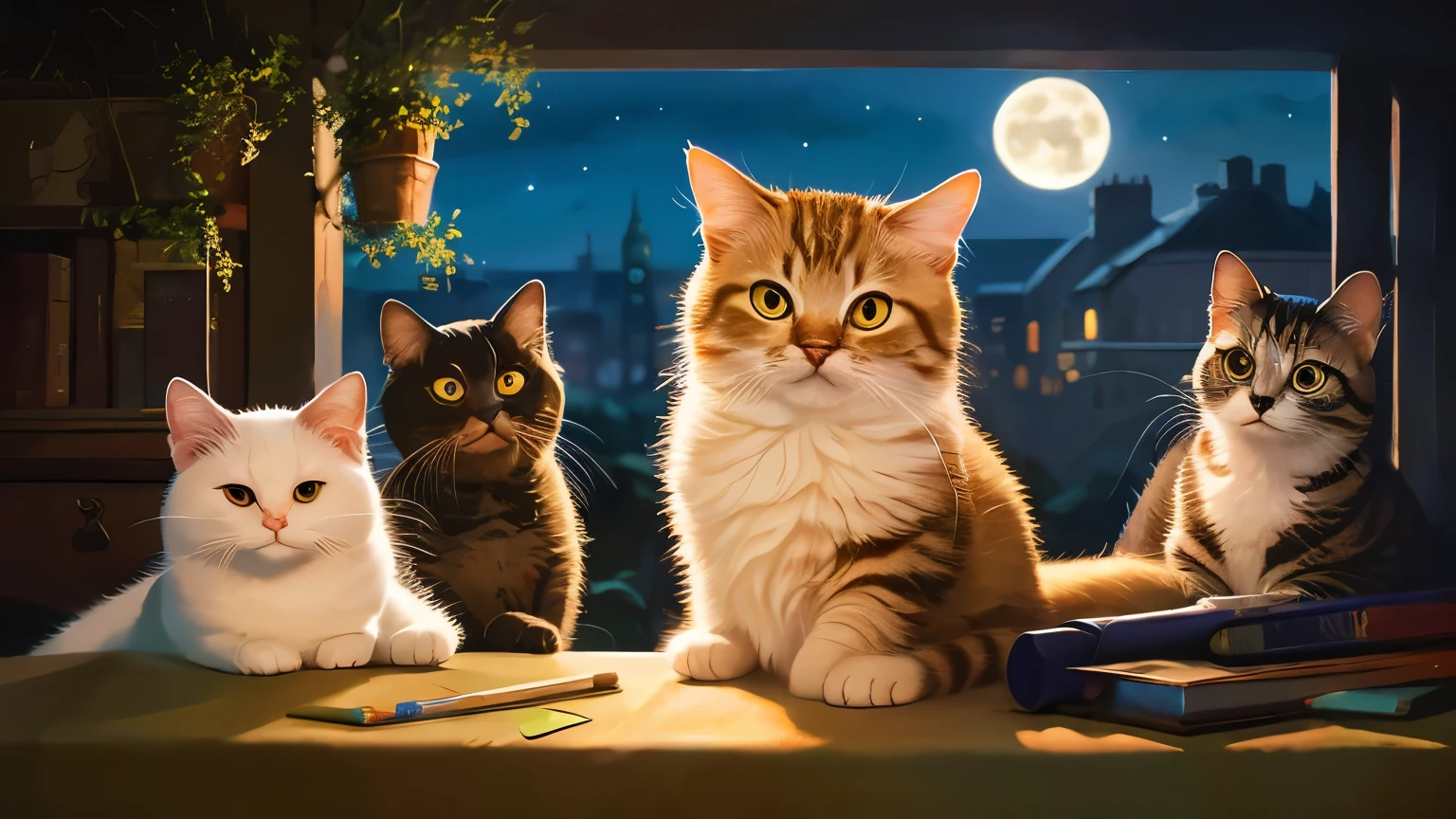 Cat on night patrol、but, All the characters are anthropomorphized cats..、Expressive cat、Oil paints、Oil painting style、High resolution, highest quality, highest quality, Paid reward available, An unparalleled masterpiece, Perfect artwork, Confused, High quality illustrations, 超High resolution, Detailed Background,