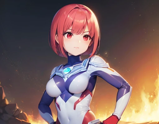 Close-up,highest quality, ultra detail, High quality CG drawing, The most delicate and beautiful, Floating gently, High resolution, (1 girl), (Highest image quality,4K,8K,masterpiece:1.2),(all red hair:1.5),(short bob:1.5),bangs bangs,(red eyes:1.5), (ultra girl :1.0), (silver and purple ultraman bodysuit:1.4),slightly bigger breasts,Upper body,(clenched fist:1.2),(put both hands on hips:1.2)