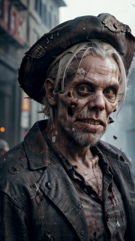 ((Decay skin)) Old zombie man, male, older male figure, ((skull face)), dreary, magnificent, fog, low key, at night, ((RAW photo, 4K, Realistic, Exquisitely Detailed Skin)), Masterpiece, Best quality, offcial art, Unity 8k wallpaper, Ultra detailed , (detaile zombie face),((bloody mouth)), rincled skin, (decay skin), ((pealing off skin decay)),((detailed skull under skin)), detailed decay skin, looking at the camera, ((grey long beard)), dirty red and black flannel shirt, old black cowboy hat, ((cowboy hat)), masterpiece, best quality, extremely detailed eyes, cinematic lightning, intricate detail, highres, official art, finely detailed face, high resolution illustration, 8k, depth of field, ((zombie)), short white hair and blue eyes, short white hair, detailed blue eyes, chaotic city, upper body, looking at viewer, post apocalyptic background, zombie decay skin, detailed face decay, decay, terror,((skull decay face)) scary looking, extremely detailed eyes, extremely realistic photo, extreme terror, midnight moon, ((long white beard)), gothic look older nale zombie (((bloody mouth))) ,( pulling knife out hes head)