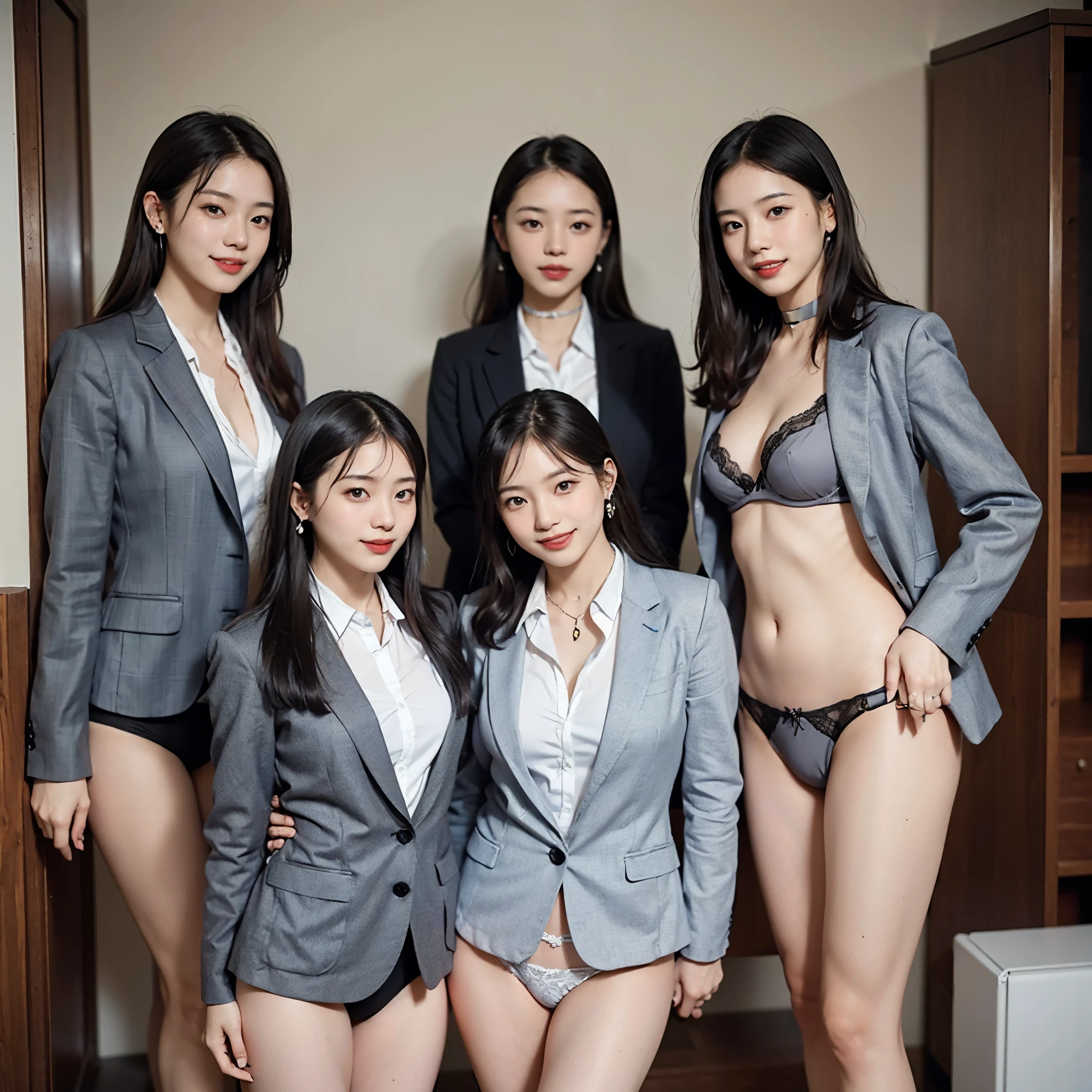 A group of three or more Japanese girls, Everyone looking at the viewer, In a large office, (All smiles), Highest Resolution, masterpiece, (All the girls wear high-school gray blazer uniform and lingerie panties), ((All wearing earrings and choker))