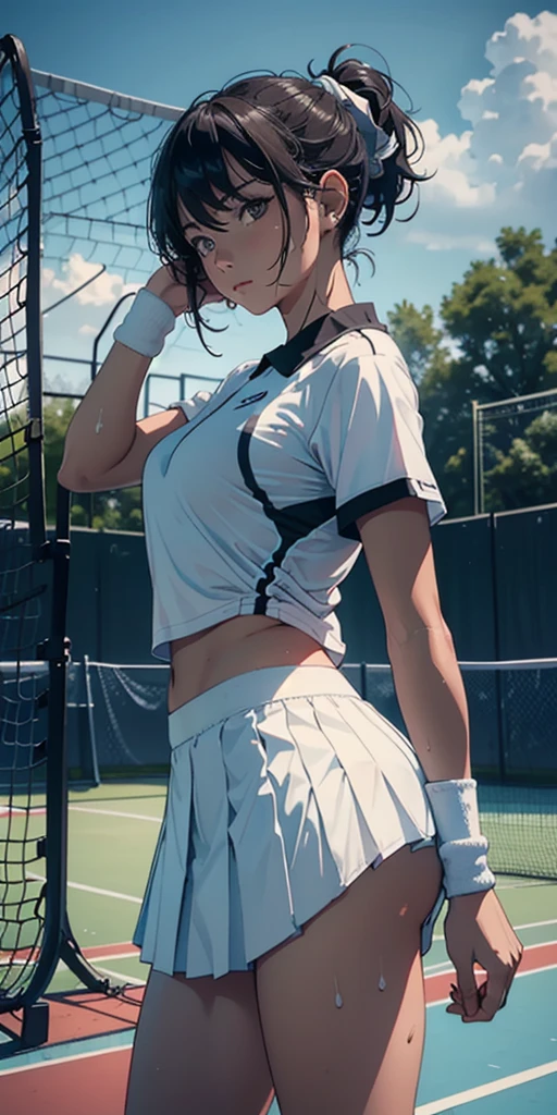 1girll,tennis player,s the perfect face,crisp breasts, Convex buttocks,Tattooed with,White sports short sleeves,Short white pleated skirt,White sport socks,White tennis shoes,Wet hair,High ponytail,body soaking wet,Swing the paddle,tennis court,Sunnyday,Clouds, Detailed background, Clothing details, perfectly proportioned, filmgrain, Fuji colors, lightand shade contrast, tmasterpiece, high detal, high qulity, A high resolution, Cinematic lighting, 8K, Textured skin, Super detail