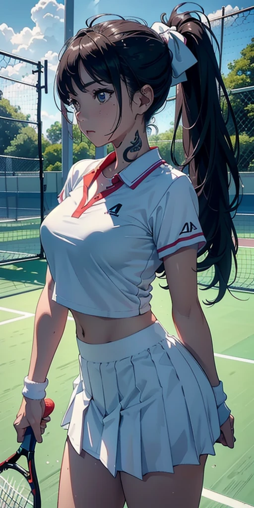 1girll，tennis player，s the perfect face，crisp breasts, Convex buttocks,Tattooed with，White sports short sleeves，Short white pleated skirt，White sport socks，White tennis shoes，Wet hair，High ponytail，body soaking wet，Swing the paddle，tennis court，Sunnyday，Clouds， Detailed background, Clothing details, perfectly proportioned, filmgrain, Fuji colors, lightand shade contrast, tmasterpiece, high detal, high qulity, A high resolution, Cinematic lighting, 8K, Textured skin, Super detail