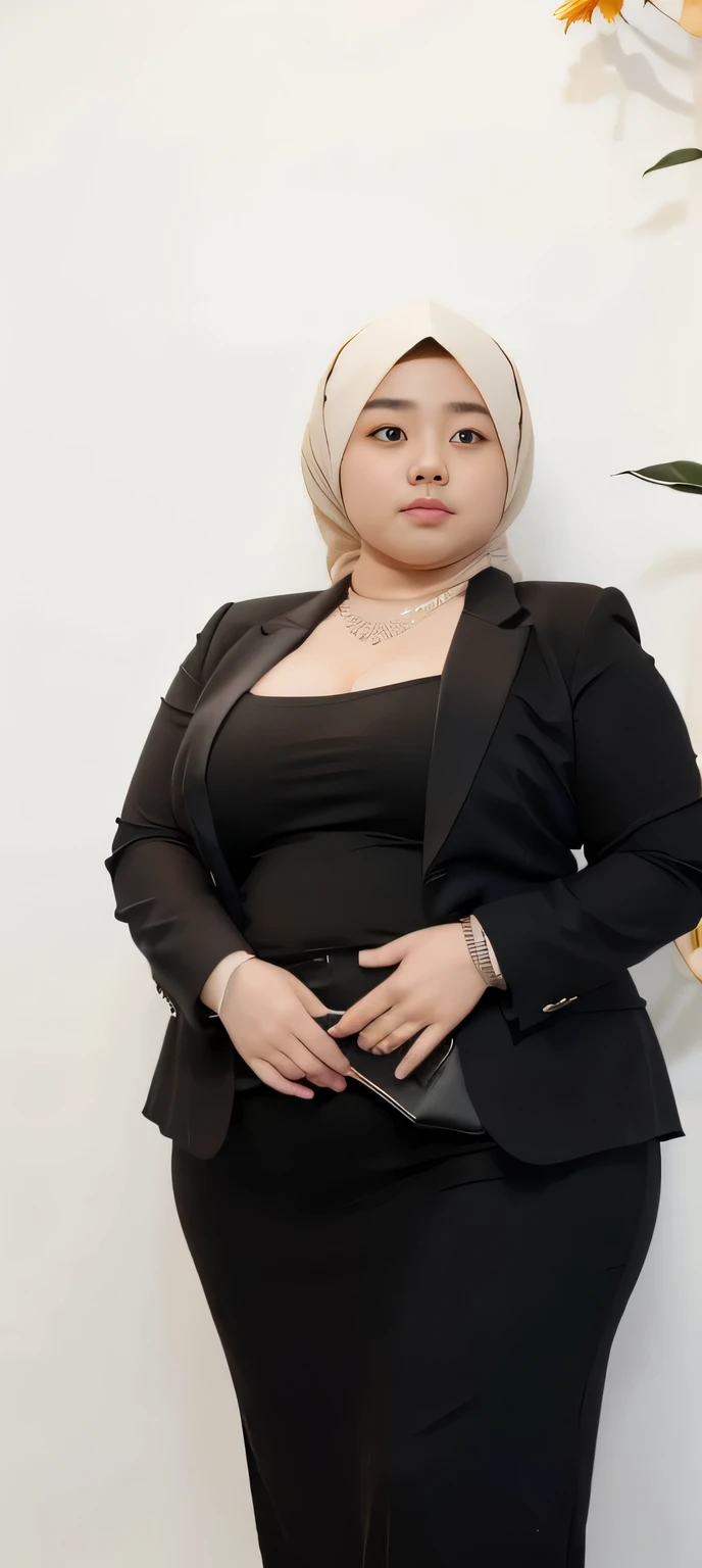 realisitic、Curvaceous woman in long hijab standing alone, Woman in black business suit with hijab, with a business suit on, businesswoman, Woman in business suit with hijab , Wearing a white collar shirt under a suit、thick skirt、tight skirts、Girl in a suit, female in tight office dress, , Girl in suit, young business woman, in a business suit, business outfit, Wear a suit、Office Suits、、professional photograpy、Does not expose the skin, Japanese Models,、,The skin is not exposed、fleshy body, large boob、 hard 、、big butts、Big belly、thick waist、Body without tone、thick thight、thick arms、Round face、Fat face、chubby cheeks、Sauce order、big eye、A dark-haired、short-haired、Standing facing the front、Left hand pose on the hip、Right hand is down in a pose、Straight back posture、Sun background、chinese-Indonesian woman  , full body , bracelet , necklace ,  , short hairstyle , fat belly , thick hips , dark room , baby face , chubby cheeks , black room , wearing sneakers 