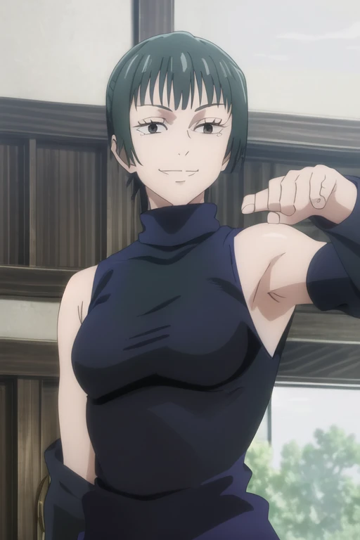(masterpiece), (best quality), (ultra-detailed), (best illustration), (best shadow), (absurdres), short hair, green hair, ((brown eyes)), maki zenin, 1girl, solo, bangs, wearing black crotop, turtleneck, sleeveless, smile, long sleeves, looking at viewer, upper body, armpits, armpits visible,