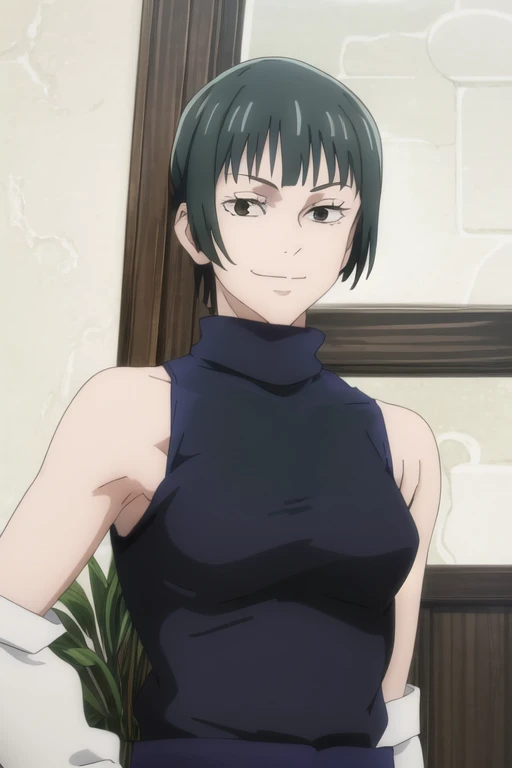 (masterpiece), (best quality), (ultra-detailed), (best illustration), (best shadow), (absurdres), short hair, green hair, ((brown eyes)), maki zenin, 1girl, solo, bangs, wearing black crotop, turtleneck, sleeveless, smile, long sleeves, looking at viewer, upper body, armpits, armpits visible,