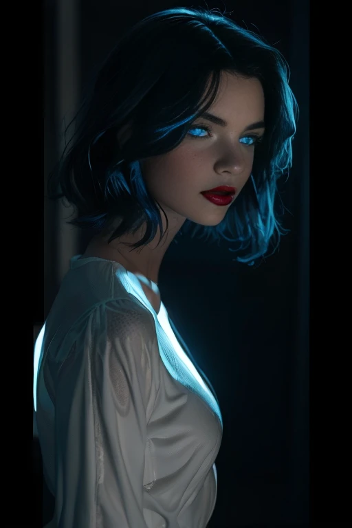 ((Photo noire et blanc)), film noir style, Maginifique, 1fille, Seulement, demi-corps, Dramatic lighting, monochrome, high contrast, ombres dramatiques, 40s style, Mysterious, cinematic, ((glossy red lips , electric blue eyes ))