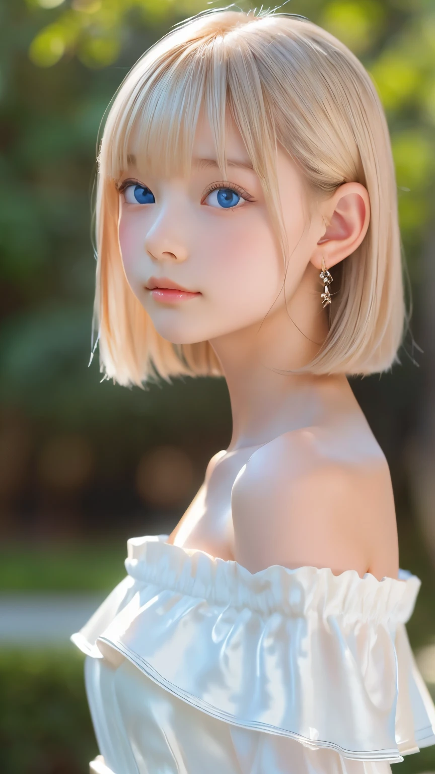 ((sfw: 1.4)), (( detailed face, cute face, detailed face,  professional photography)), ((from side)), (( off-the-shoulder top)), (( Shiny platinum blonde silk hair, beautiful shiny bangs, big clear sky blue eyes, very beautiful bright eye highlights, earrings, 1 Girl)), Ultra High Resolution, (Realistic: 1.4), RAW Photo, Best Quality, (Photorealistic Stick), Focus, Soft Light, ((15 years old)), (( (young face))), (surface), (depth of field), masterpiece, (realistic), woman, bangs, ((1 girl))