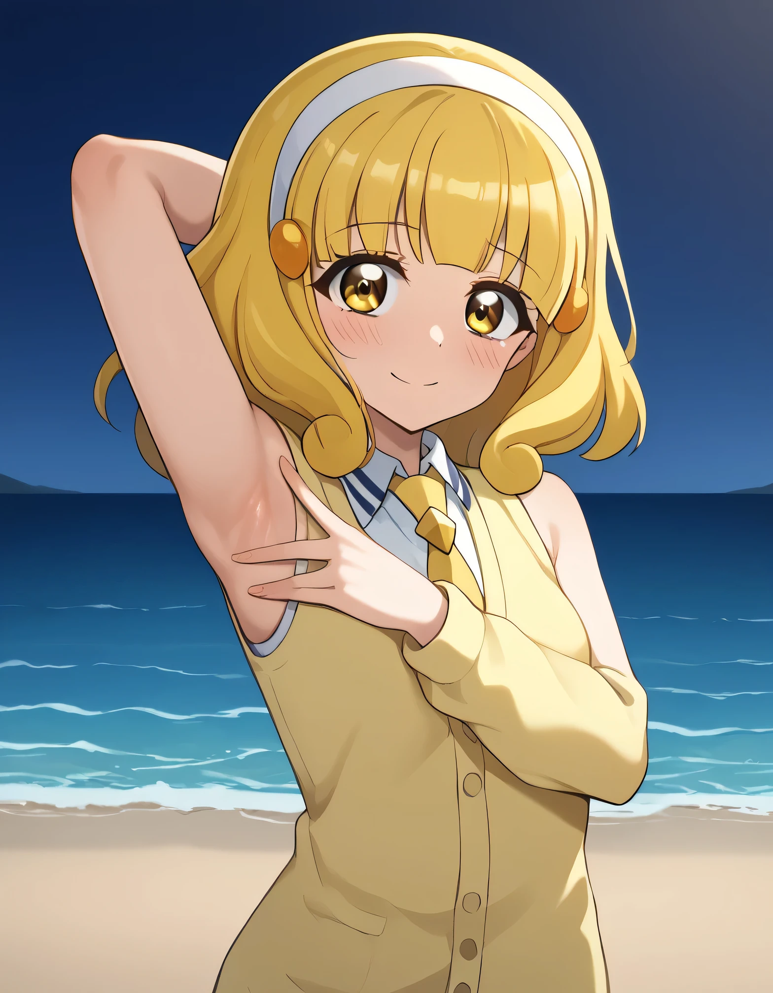score_9, source_anime, rating_safe BREAK 1girl, solo
kise yayoi, yellow hair, yellow eyes, white hairband, hair ornament, medium hair, nanairogaoka middle , yellow necktie, yellow cardigan, (cowboy shot:1.5), solo, night sky, beach, arm behind head, contrapposto, spread armpits, looking at viewer, best quality, closed mouth, shy, presenting armpit, hand on own armpit, blushing, smile, sleeveless,