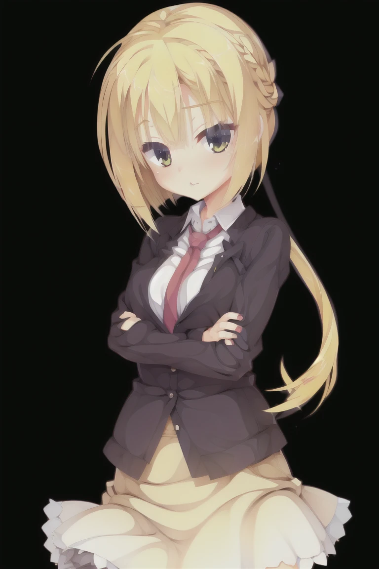One Girl, alone, Silver and bob short hairstyle, Tie your hair up with a hair clip, ピンクのeye、, High Waist Skirt, Long skirt, White Skirt, Black Shirt, long leeves, 笑face, (Character portrait:1.2),(whole body:1.3),expensive_solve, clear_image, expensive_Contrast, 8k, Sparkling, beautiful_detailed_face_and_eye, (Blonde:1.25), 白 eye,Black background