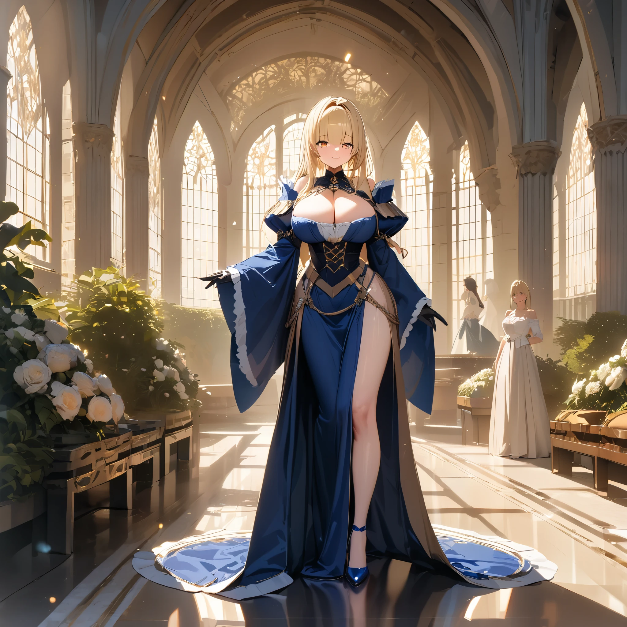 A woman wearing a navy blue medieval madame costume with white details, walking in a room of a medieval castle, long blonde hair, orange eyes, smiling, ???????????. blue heels, long white hair, straight bangs, blue eyes, smiling, ???????????, in a sophisticated luxury airport. shadow, flower, UHD, masterpiece, accurate, anatomically correct, textured skin, super detail, high quality, best quality, 8k, high resolution, bokeh effect.(woman solo)
