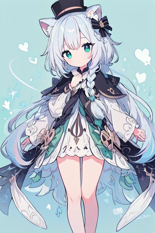 (single braid:1.2,)(slong hair1.1,)((silver and light silver))((eyes streaked hair))) highlights hair,(little (Top)hat),(animal ears1:1)(blue green eyes)((unique clothes ))(light blue clothes))(attractive thighs) skirt,masterpiece,whole body,18k,super detailed,super High resolution,1 girl Beautiful detailed clothes,skin texture