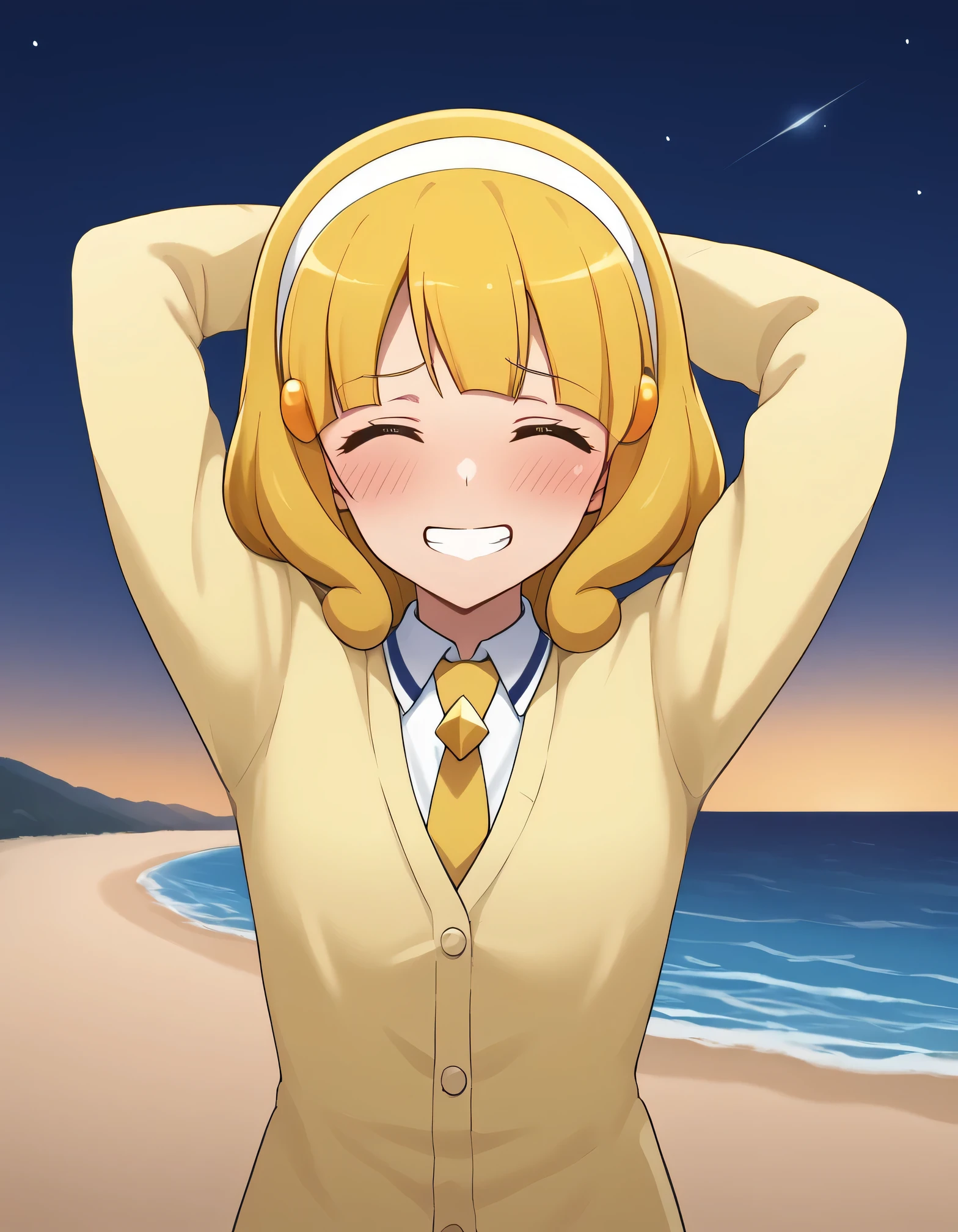 score_9, source_anime, rating_safe BREAK 1girl, solo
kise yayoi, yellow hair, yellow eyes, white hairband, hair ornament, medium hair, nanairogaoka middle , yellow necktie, yellow cardigan, (cowboy shot:1.5), solo, night sky, beach, arms behind head, contrapposto, spread armpits, looking at viewer, best quality, closed eyes, shy, grin, blushing,