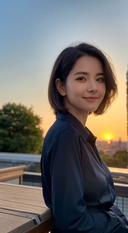 Top quality,8K picture quality,masterpiece:1.3),(Ultra-high resolution,Realism:1.4,original photography),(Ultra Detailed,Caustic lines,Detailed background),(Ultra-realistic capture,Beautifully detailed skin,perfect anatomy),at sunset,sunset sky,Desk,35 years old,Mature,Single eyelid,Black short bob,dark blue shirt,Looking at the camera,a smile,Natural soft lighting