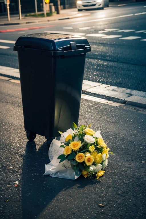 Discarded bouquet of flowers,street,There are no pedestrians on the road,Realistic style,high quality,Top view close-up,Dim light,night,garbage can