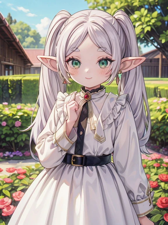 masterpiece, highest quality, Very detailed, 16k, Ultra-high resolution, Cowboy Shot, Detailed face, Perfect Fingers, -yeld gi smile, Western-style building, garden, elf, grey hair,earrings,pointy ears,long hair,ponytail,green eyes,twintails,parted bangs,thick eyebrows