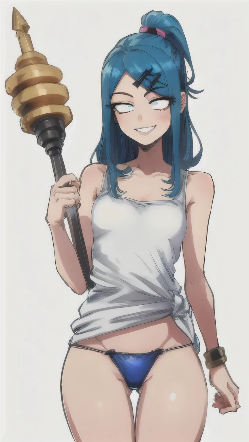 1 girl, Blue eyes, blue hair, Drill hair, gwen \(League of Legends\), in a white top and thong, hair ornament, a high resolution, League of Legends, long hair, parted lips, pink pupils, smile, X, X hair ornament,
