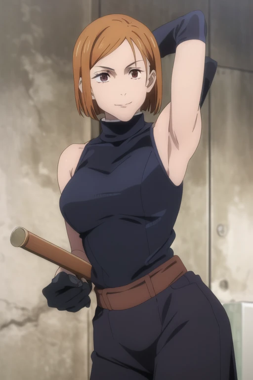 (masterpiece), (best quality), (ultra-detailed), (best illustration), (best shadow), (absurdres), short hair, orange hair, ((brown eyes)), kugisaki nobara, 1girl, solo, bangs, wearing black crotop, turtleneck, sleeveless, smile, looking at viewer, upper body, armpits, armpits visible,