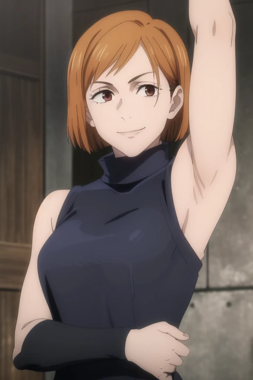 (masterpiece), (best quality), (ultra-detailed), (best illustration), (best shadow), (absurdres), short hair, orange hair, ((brown eyes)), kugisaki nobara, 1girl, solo, bangs, wearing black crotop, turtleneck, sleeveless, smile, looking at viewer, upper body, armpits, armpits visible,